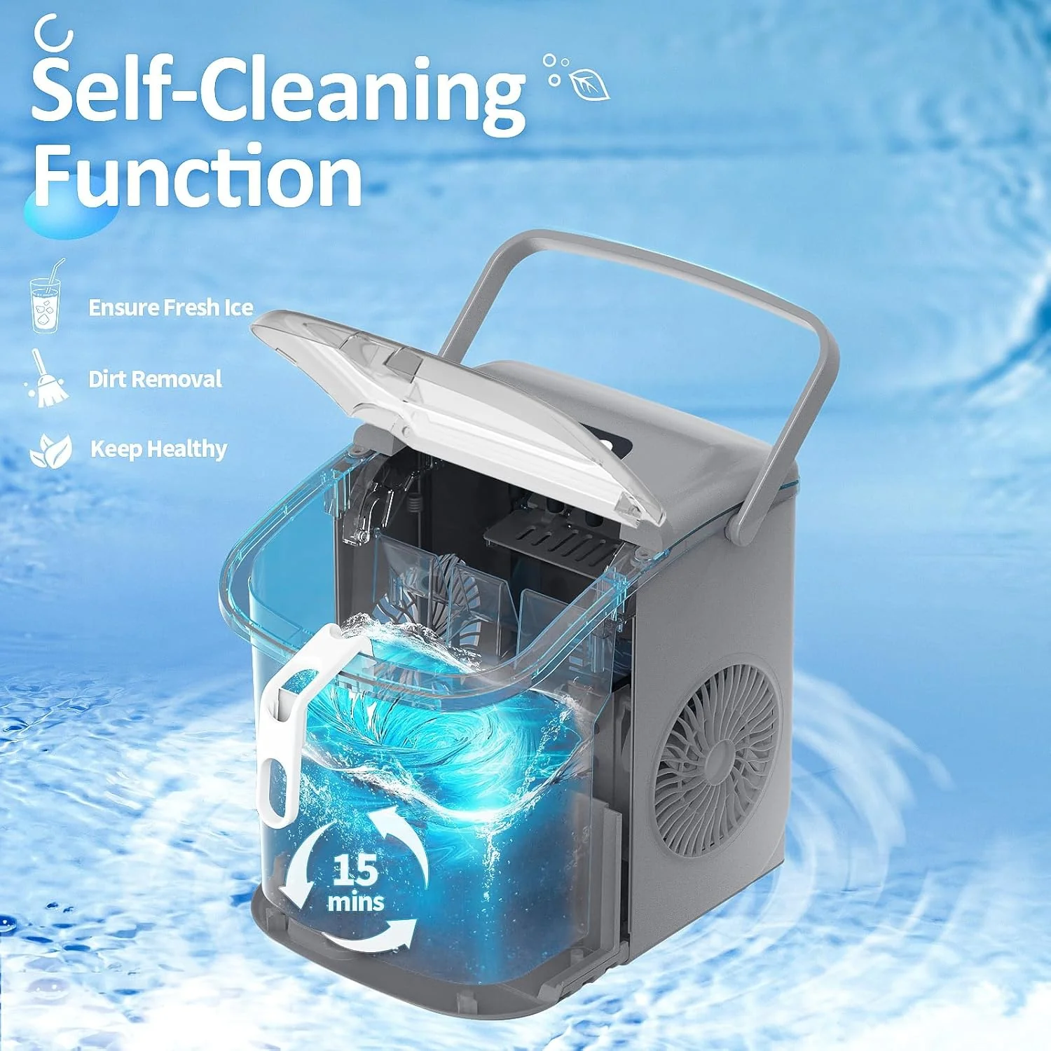 Eiswürfelbereiter 2025 für die Arbeitsplatte. Kaubare Eiswürfel. 15 kg/24 h. Selbstreinigend. Schalleis. Ein-Knopf-Bedienung. Für Küche oder Büro. Edelstahl, silberfarben.