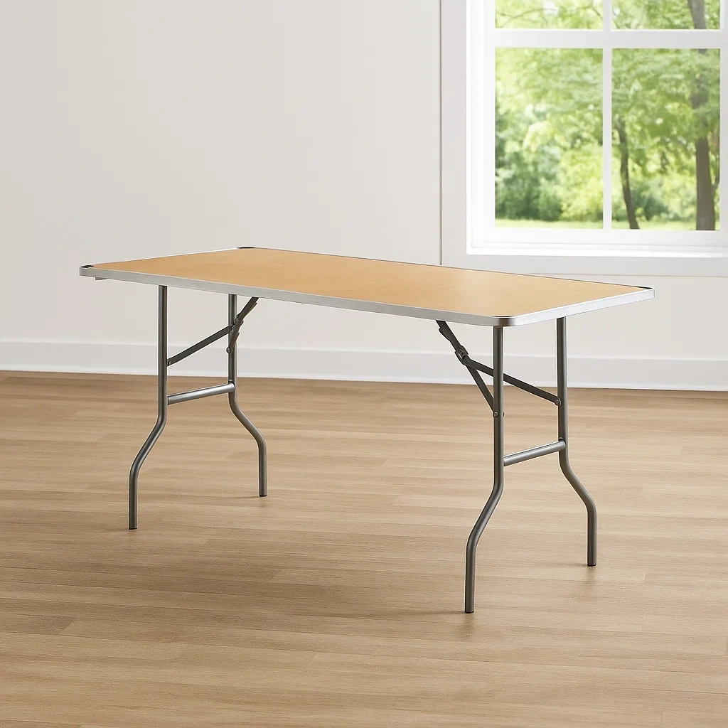 Table pliante, marron naturel, métal et bois, pour usage intérieur, 183 x 46 x 76 cm