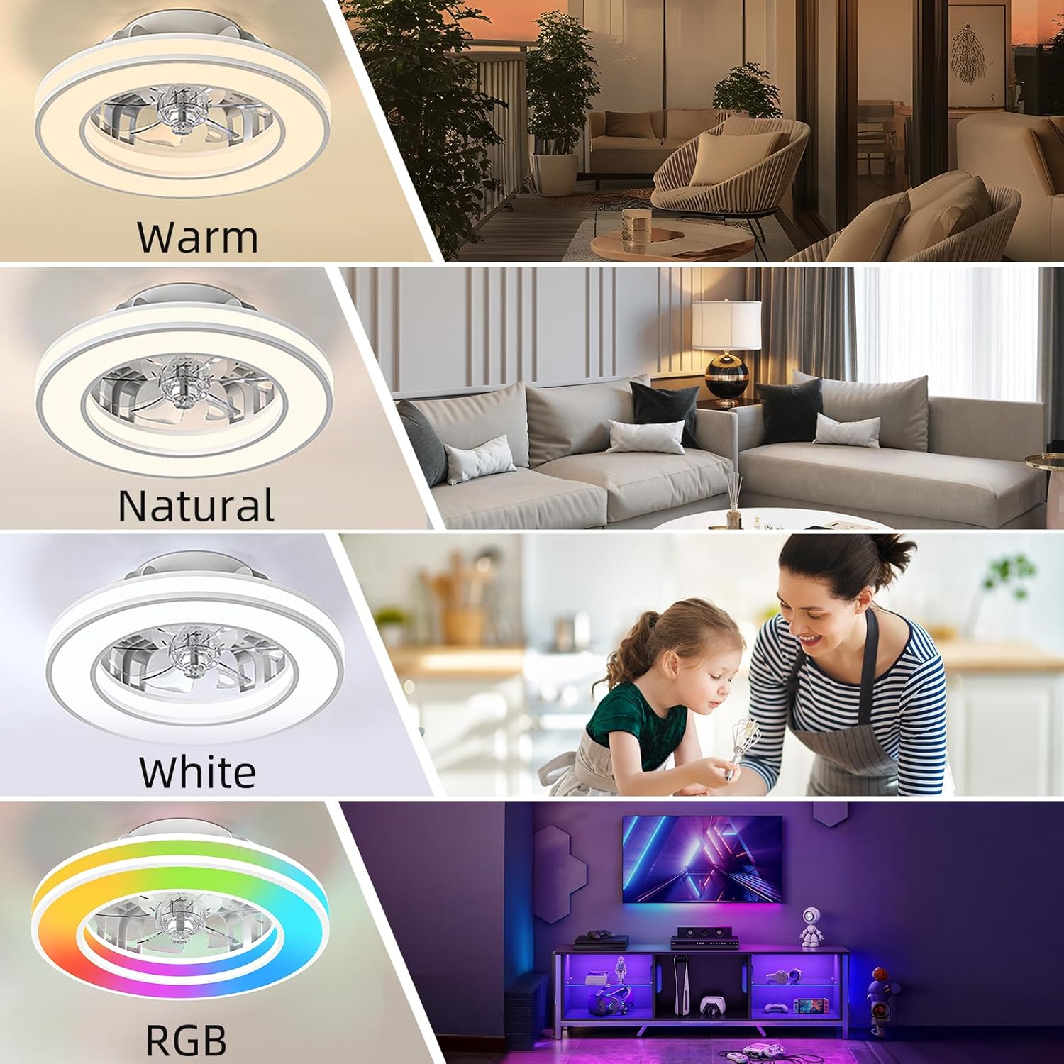 Ventilateur de plafond avec lumière 40,5 cm, silencieux 20 W, intensité variable 3000 K-4000 K-6500 K, 6 vitesses, télécommande, minuterie, mémoire de lumière, réversible