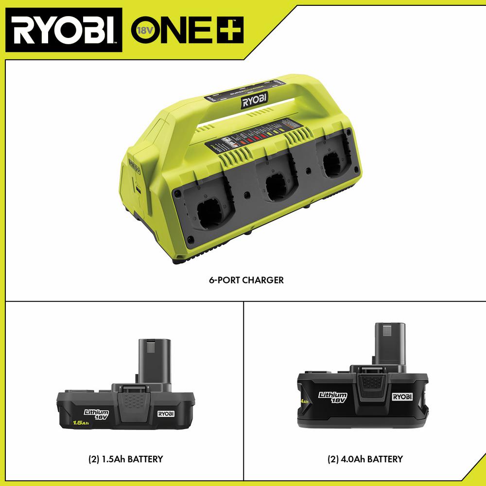 RYOBI ONE+ 18V Schnellladegerät-Set 2025 mit (2) 1,5 Ah Akkus und (2) 4,0 Ah Akkus
