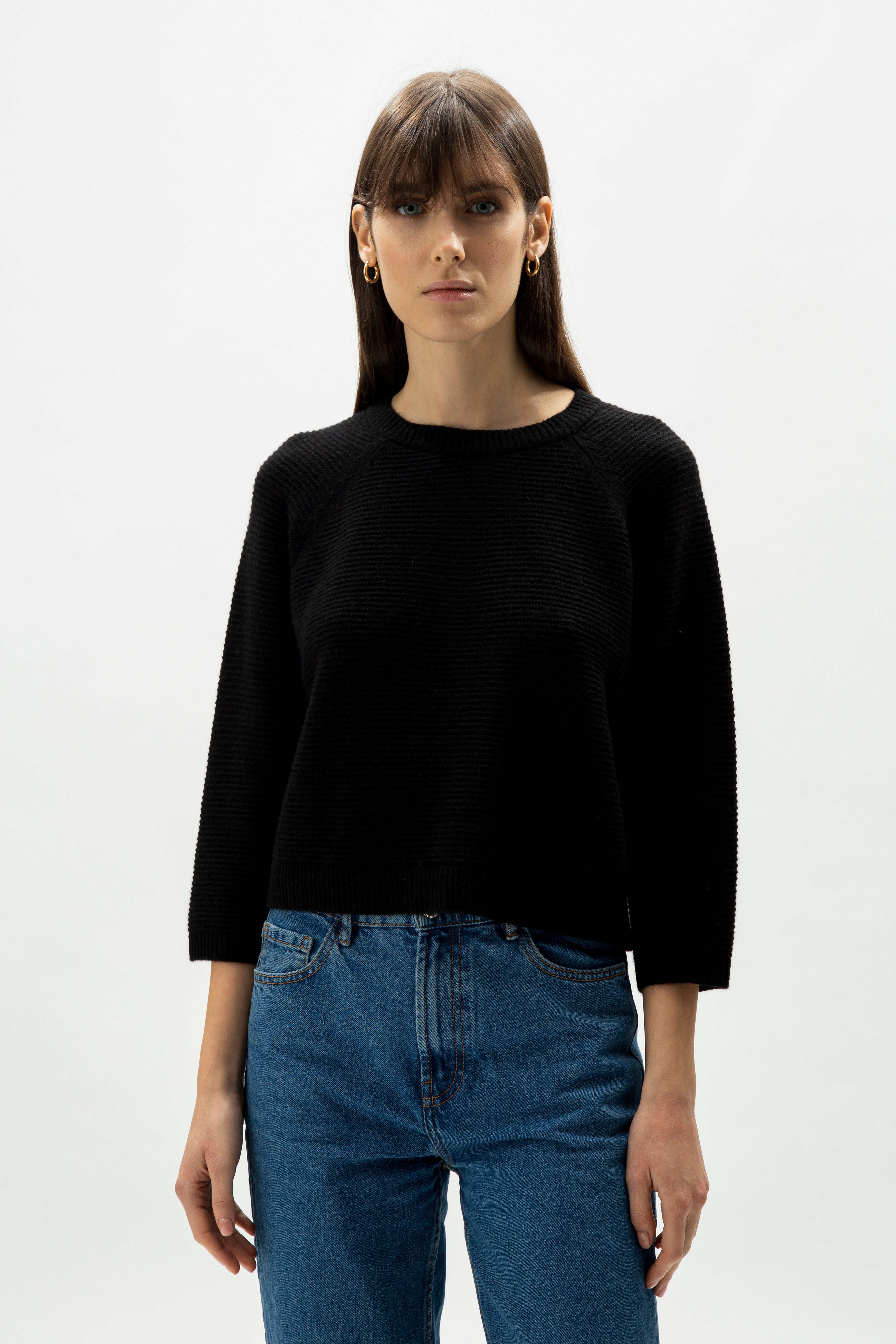 Cashmere Mix Cropped 3/4 Sleeve Pullover
