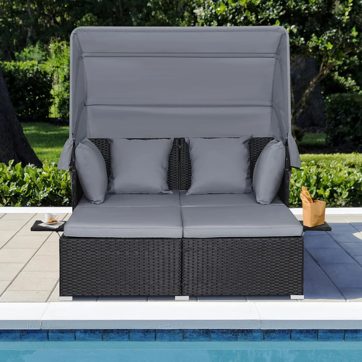 RELAX4LIFE udendørs haveseng med baldakin. Vævet harpiks liggestol med hynder. 4 puder og 2 udtrækkelige sidebakker. Loungeseng til 2 personer til pool, veranda, have. Rattan udendørs seng (turkis)