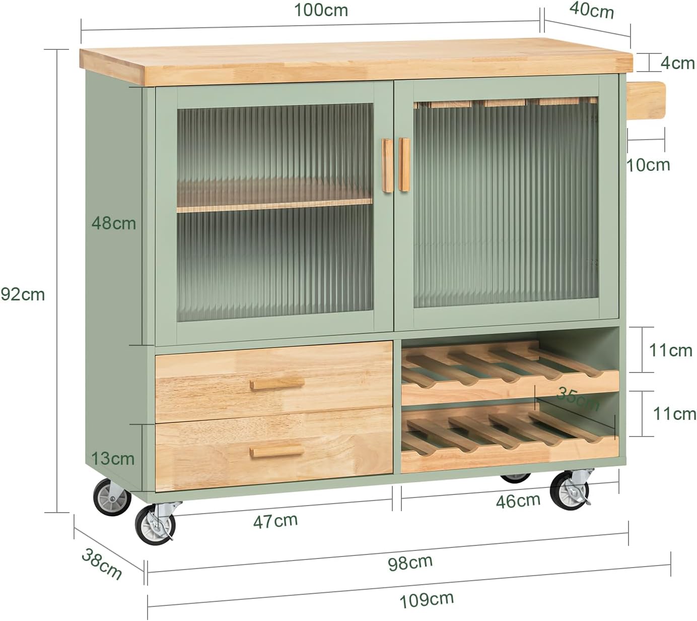 SoBuy FSB81-GR Küchenbuffet mit Mikrowellenfunktion für Esszimmer, Eingangsbereich und Wohnzimmer, mit 2 Türen, 2 Schubladen und 1 offenem Fach, Grün, 120 x 40 x 90 cm, EN