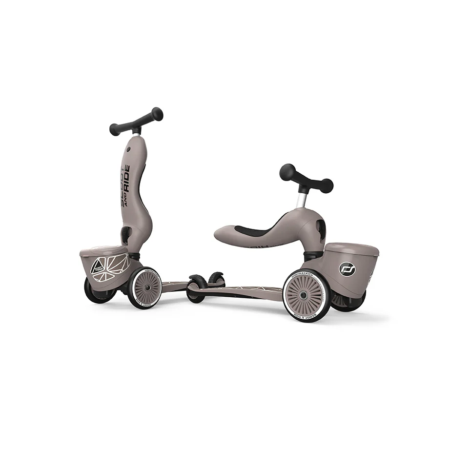 Trottinette 2-en-1 Scoot & Ride Highwaykick 1 Lifestyle avec siège (modèle 2025). Pour les enfants de 1 à 5 ans. Modèle avec compartiment de rangement.