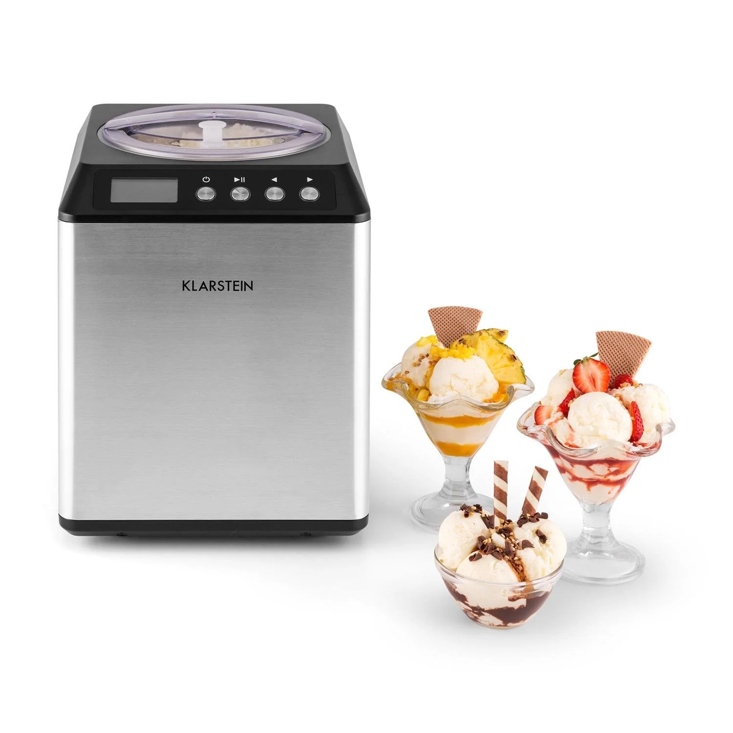 Klarstein Vanilla Sky Eismaschine (Modelljahr 2025) – 2 l, 180-W-Kompressor, Edelstahl, Warmhaltefunktion, Timer, LED-Anzeige – Silber