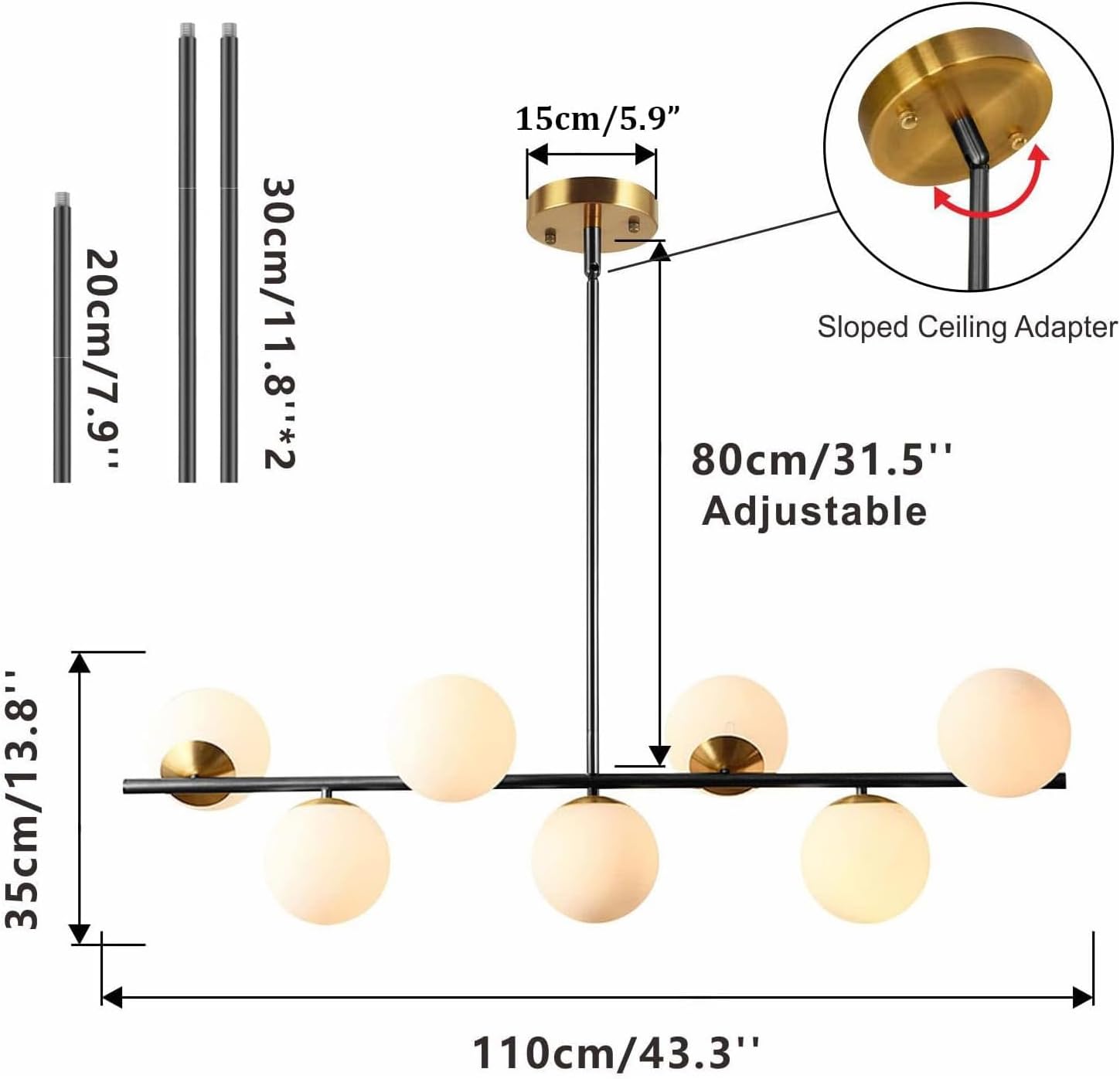 Moderne Esszimmerleuchte von KCO Lighting aus goldfarbenem Metall, Kücheninsel-Pendelleuchte aus weißem Glas, 7-flammig, E27, 80 cm höhenverstellbar