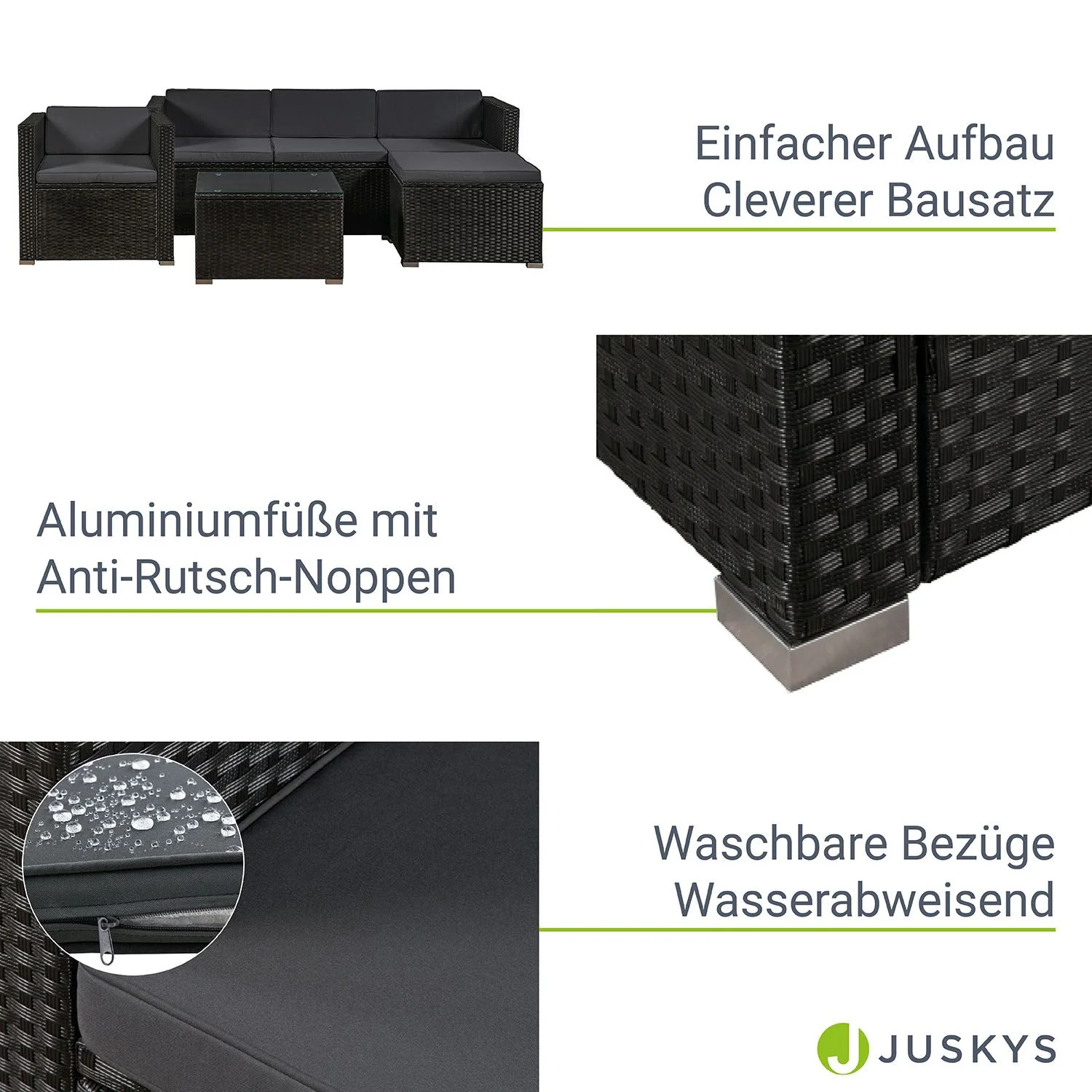 Ensemble de jardin en résine tressée Punta Cana M 2025, noir avec coussins gris