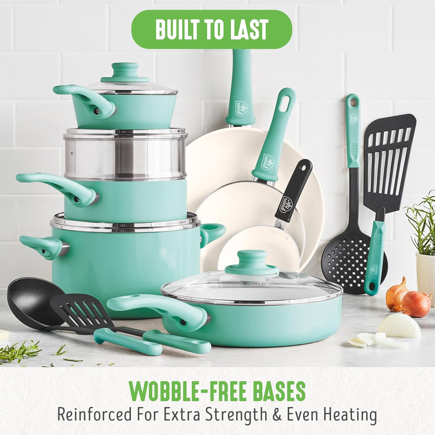 GreenLife Soft Grip 16-teiliges Antihaft-Keramik-Kochgeschirr-Set, bestehend aus Bratpfanne, Stielkasserolle und Topf, PFAS-frei, spülmaschinenfest, ofenfest, türkis