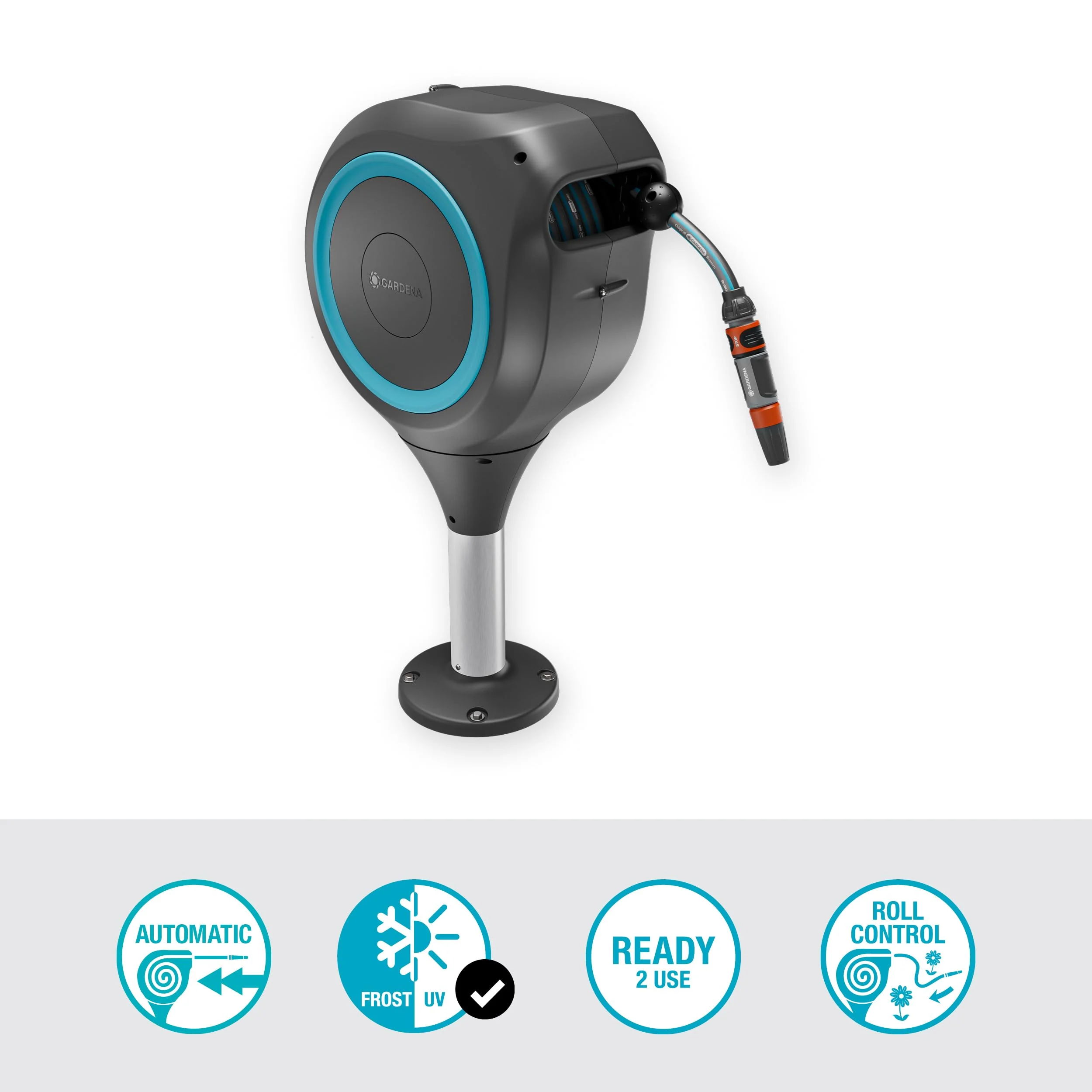 Gardena RollUp M Gartenschlauchbox (Modelljahr 2025): Wetterfeste Box mit Aufrollmechanismus und 20 m Schlauch. Bewässerung mittelgroßer Gärten mit Terrasse. Automatischer Rücklauf. Türkis (18615-20)