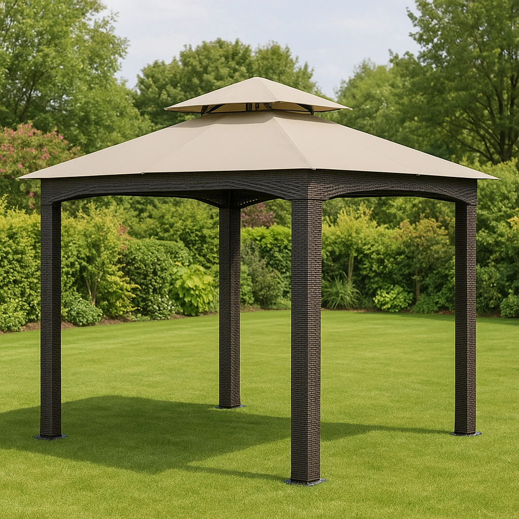 Pavillon de jardin beige avec toit en tissu et structure en acier pour usage extérieur, 300 x 300 x 250 cm