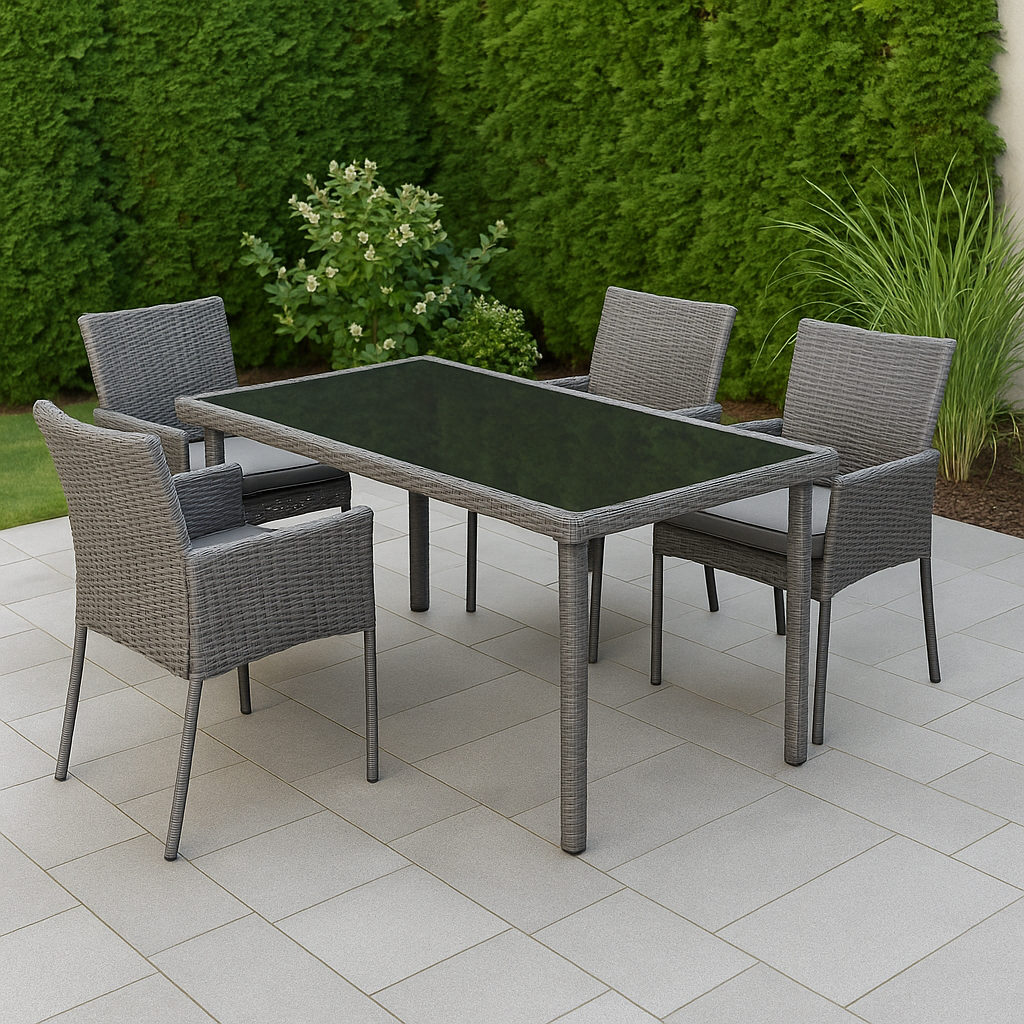 Ensemble de salle à manger de jardin en rotin synthétique gris avec structure en acier