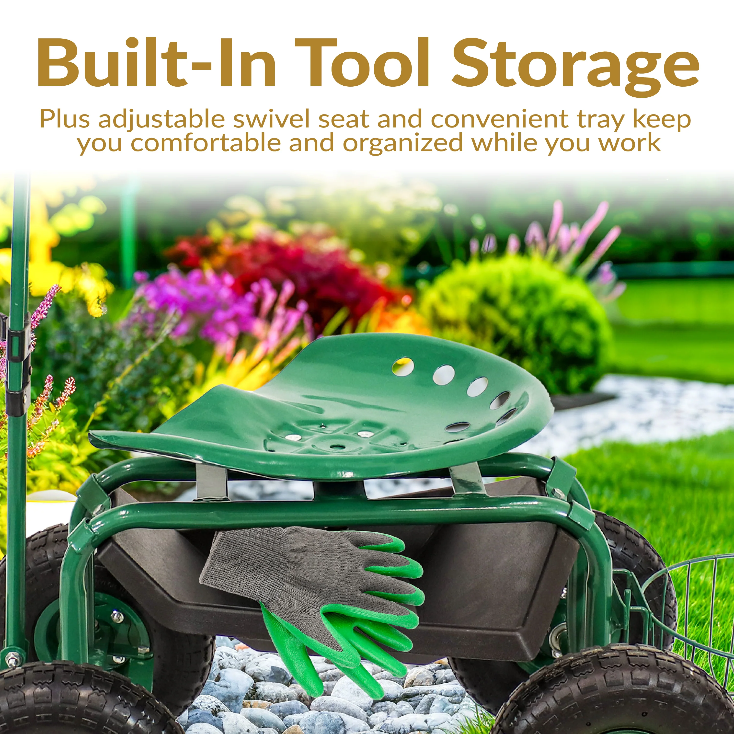 Chariot de jardin roulant Sunnydaze 2025 avec siège pivotant, guidon et panier