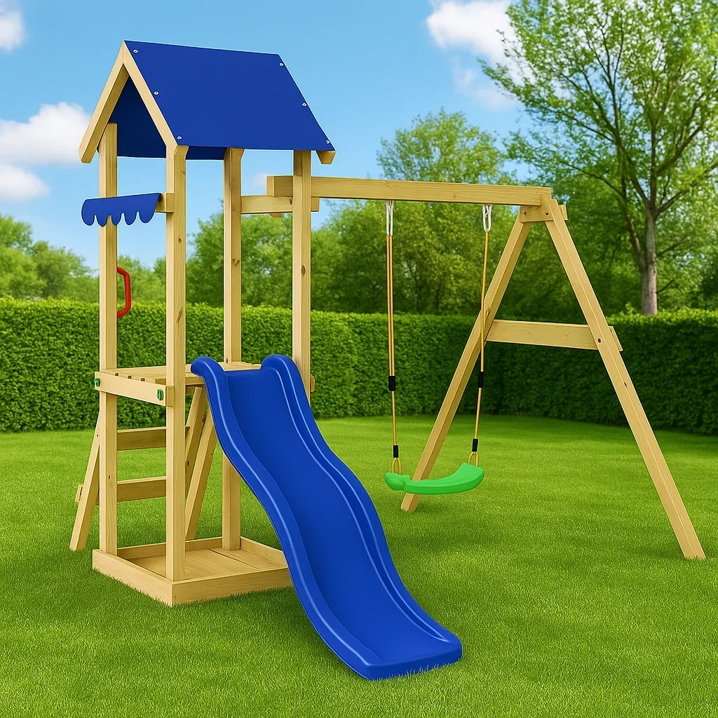 Balançoire pour enfants 320x280x230 cm bois/plastique bleu - DxWmBJqg31bt