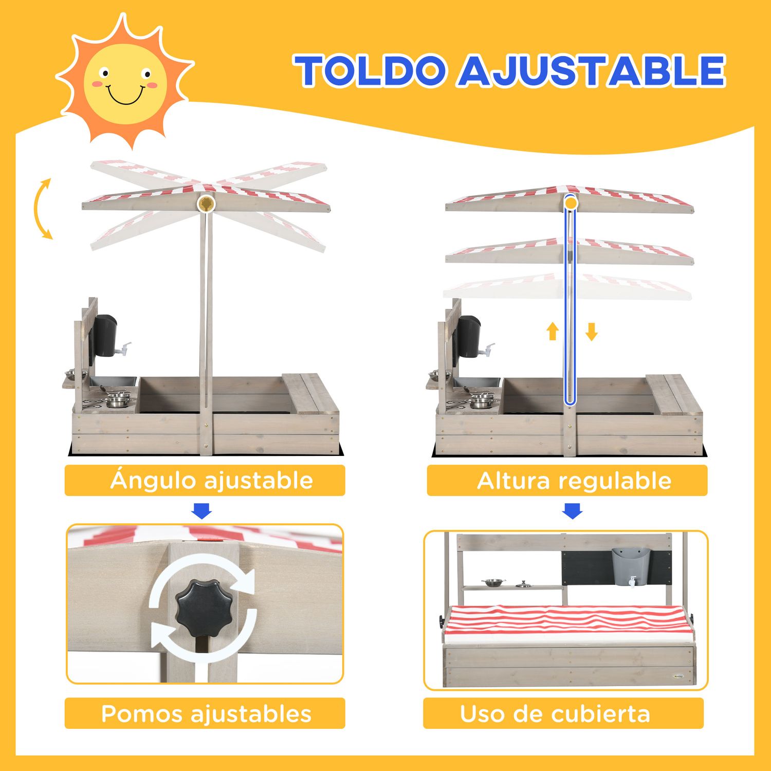 Outsunny Kindersandkasten, Holz und Polyester, 114 x 110 x 110 cm, Grau