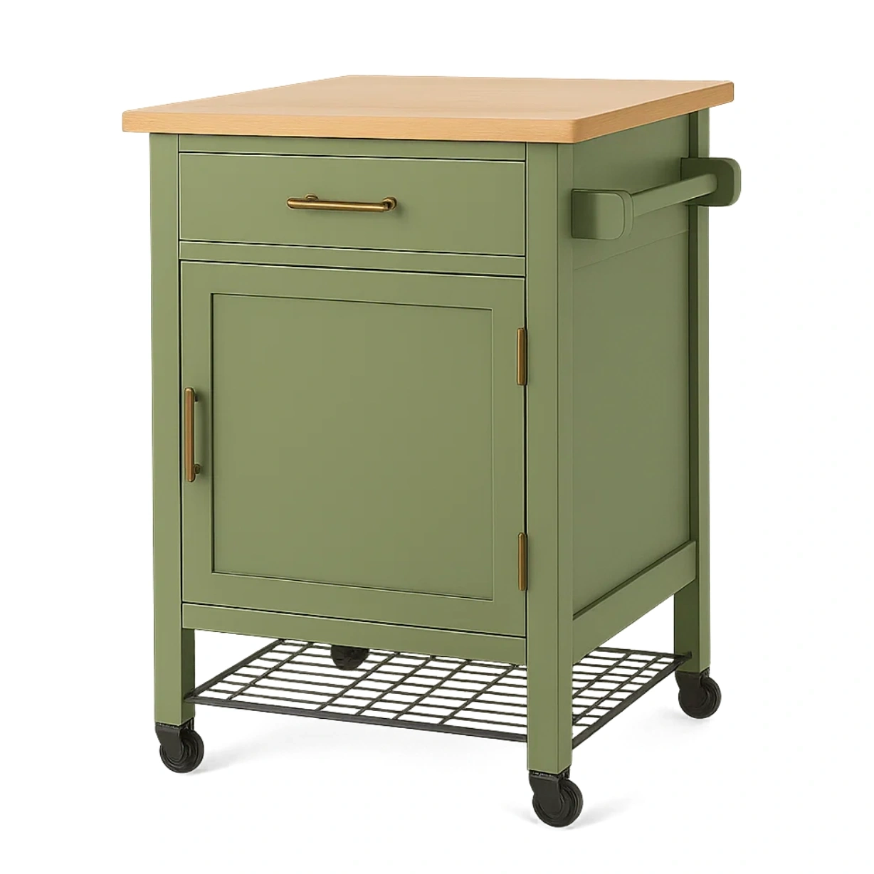 Îlot de cuisine sur roulettes, en bois et métal, couleur verte, avec 1 tiroir et 1 porte, dimensions 60 x 40 x 85 cm, pour le rangement de la cuisine - fLlnizLbuw9k