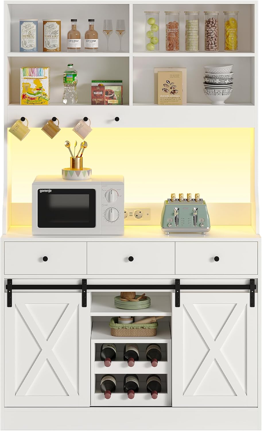 Küchenschrank, Küchen-Sideboard mit LED-Beleuchtung, Steckdosen, Buffet-Schrank, ausziehbarem Weinregal, 3 Schubladen, verstellbaren Einlegeböden, Küche, Wohnzimmer, Esszimmer, 103,5 x 40 x 180 cm, Schwarz