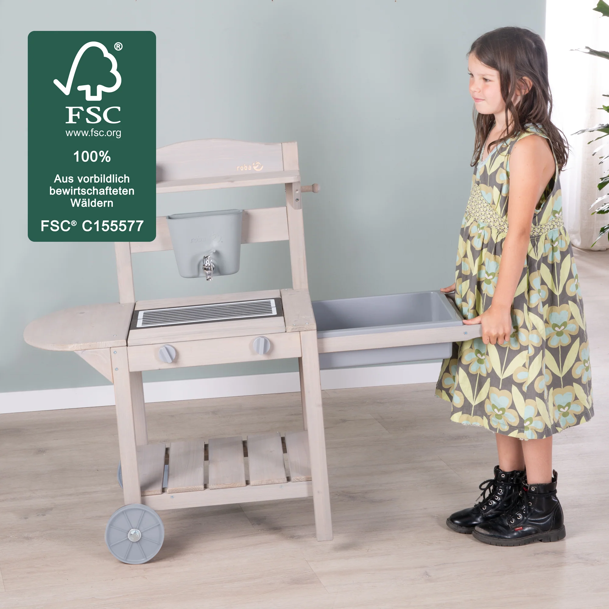 Mobile Spielküche „Mud & Play BBQ“ für Kinder – FSC-zertifiziertes Holz – geprägte graue Oberfläche