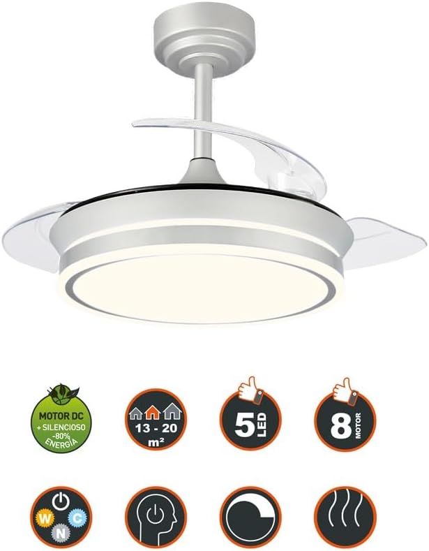 Wonderlamp – Mini ventilateur de plafond LED Pearl avec pales rétractables, moteur CC silencieux, 3 températures de couleur réglables, 46 W, blanc