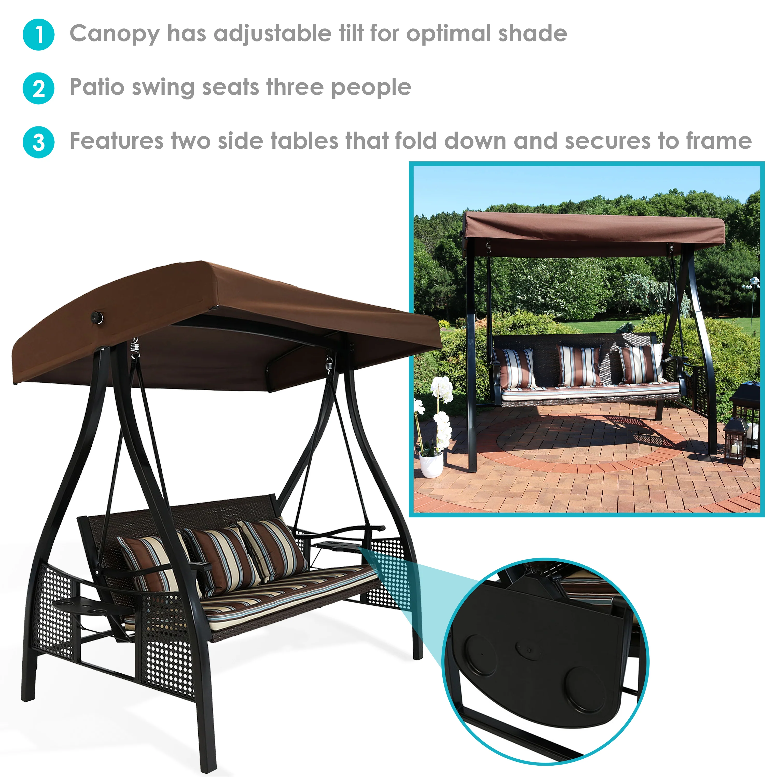 Balançoire de jardin Sunnydaze Deluxe 3 personnes avec auvent et tables d'appoint (modèle 2025)