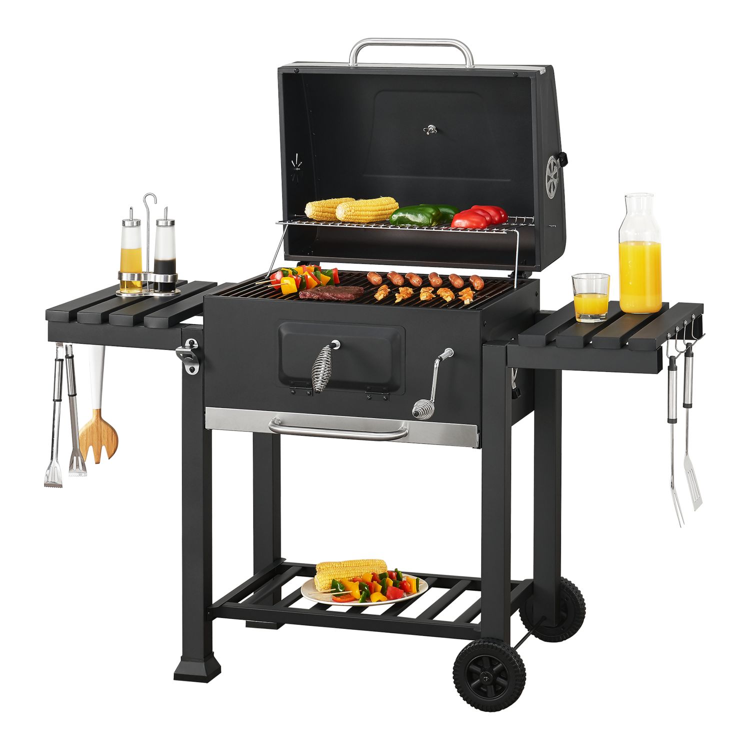 Arnad Holzkohlegrill mit 2 Stahlrosten 105x135x48cm - Schwarz [casa.pro]