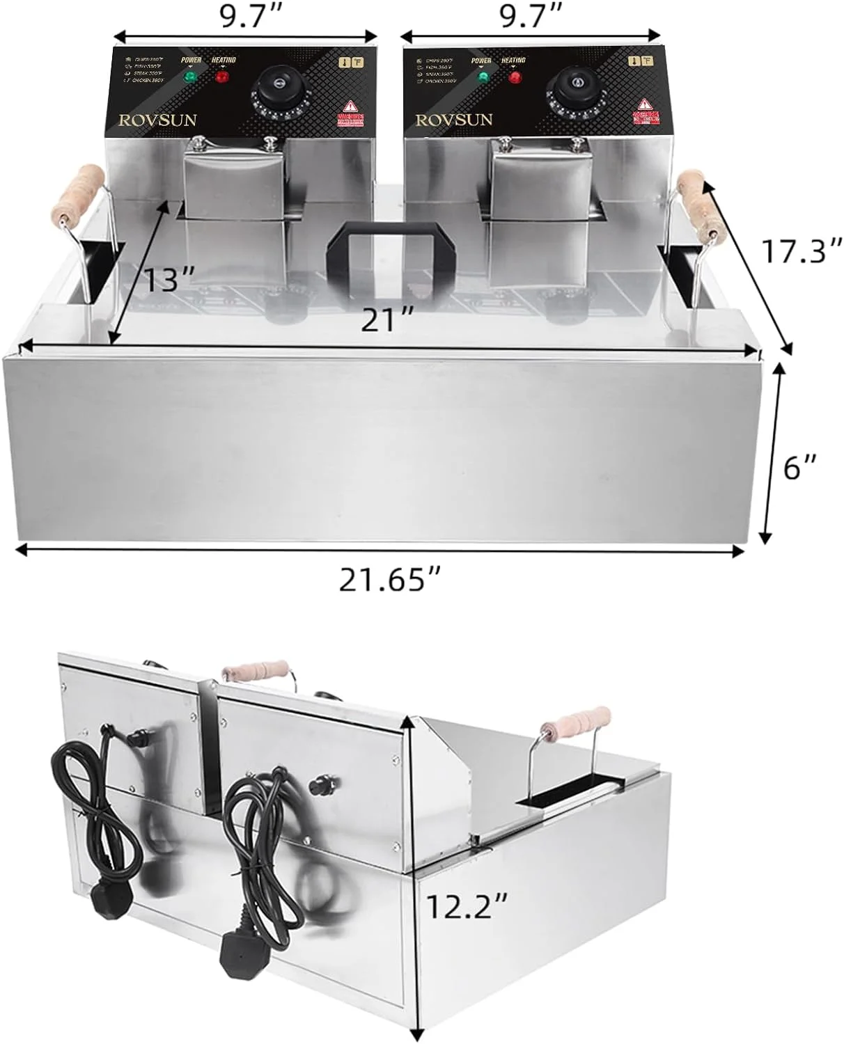 Friteuse électrique ROVSUN de 23,8 litres avec grand panier unique et couvercle. Température réglable. Friteuse professionnelle en acier inoxydable pour frites, rondelles d'oignon et dinde. 5 000 W.