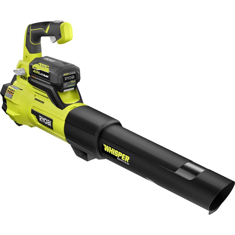 RYOBI Whisper Series 40V batteridrevet blæser med børsteløs motor, 200 km/t hastighed og 550 CFM luftstrøm, med 4,0 Ah batteri og oplader RY40470