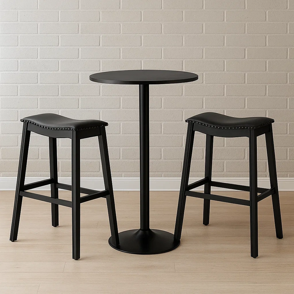 Ensemble table et tabourets de bar, comprenant une table et deux chaises, noir, métal, bois et similicuir, idéal pour la cuisine