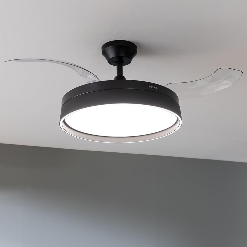 Ventilateur de plafond Cecotec à pales rétractables et lampe invisible EnergySilence Aero 4280 en acier, 40 W, diamètre 42 pouces (106 cm), minuterie, 3 tons lumineux, fonction été-hiver