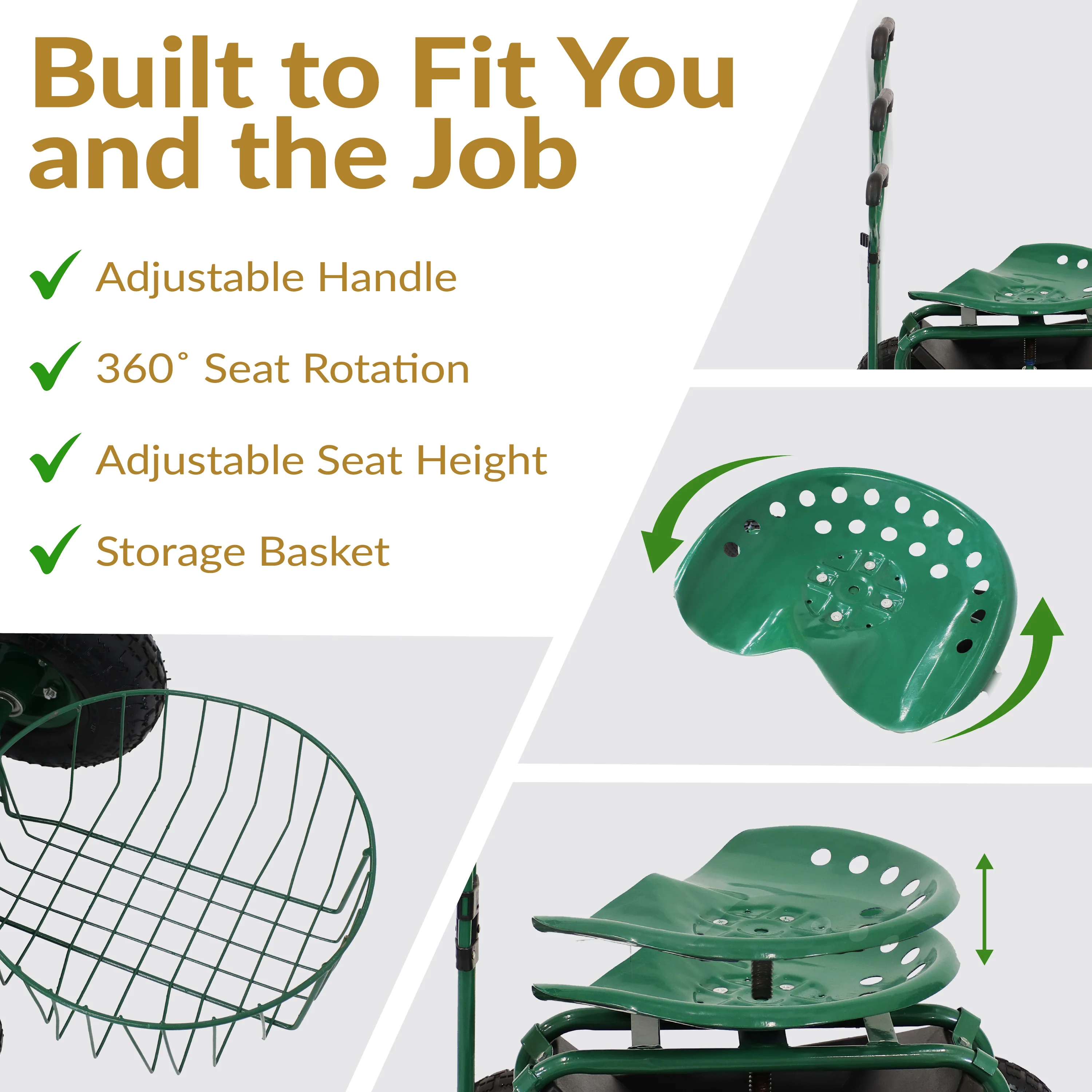 Chariot de jardin roulant Sunnydaze 2025 avec siège pivotant, guidon et panier