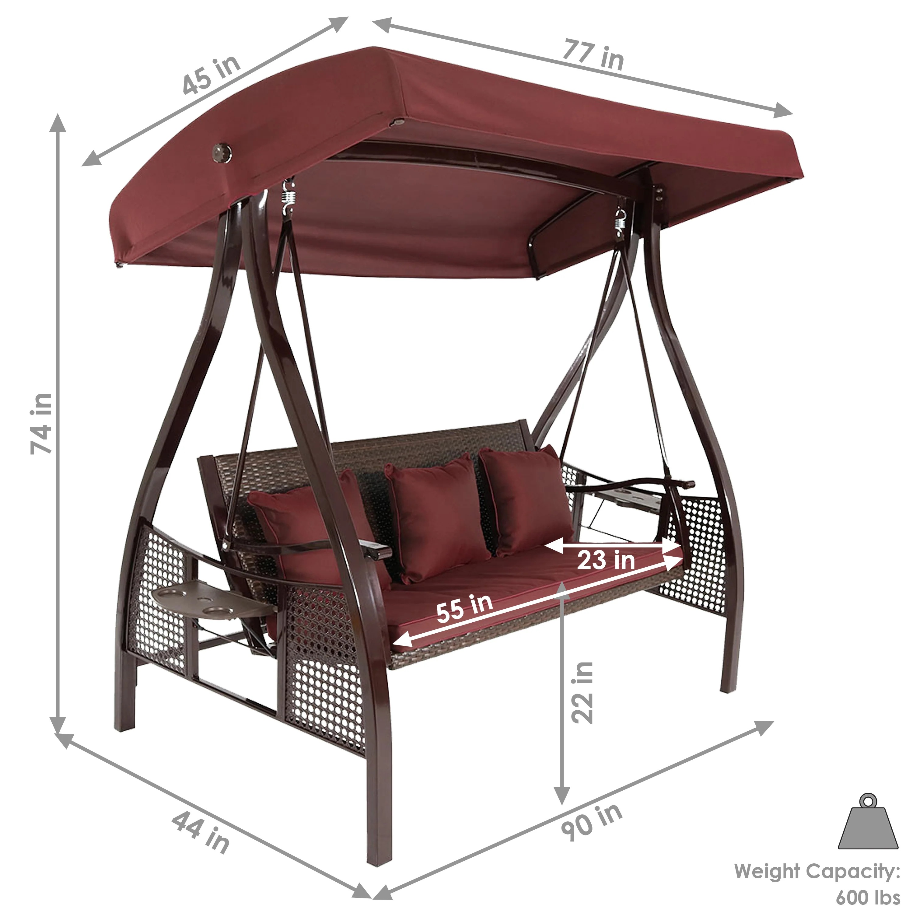 Balançoire de jardin Sunnydaze Deluxe 3 personnes avec auvent et tables d'appoint (modèle 2025)