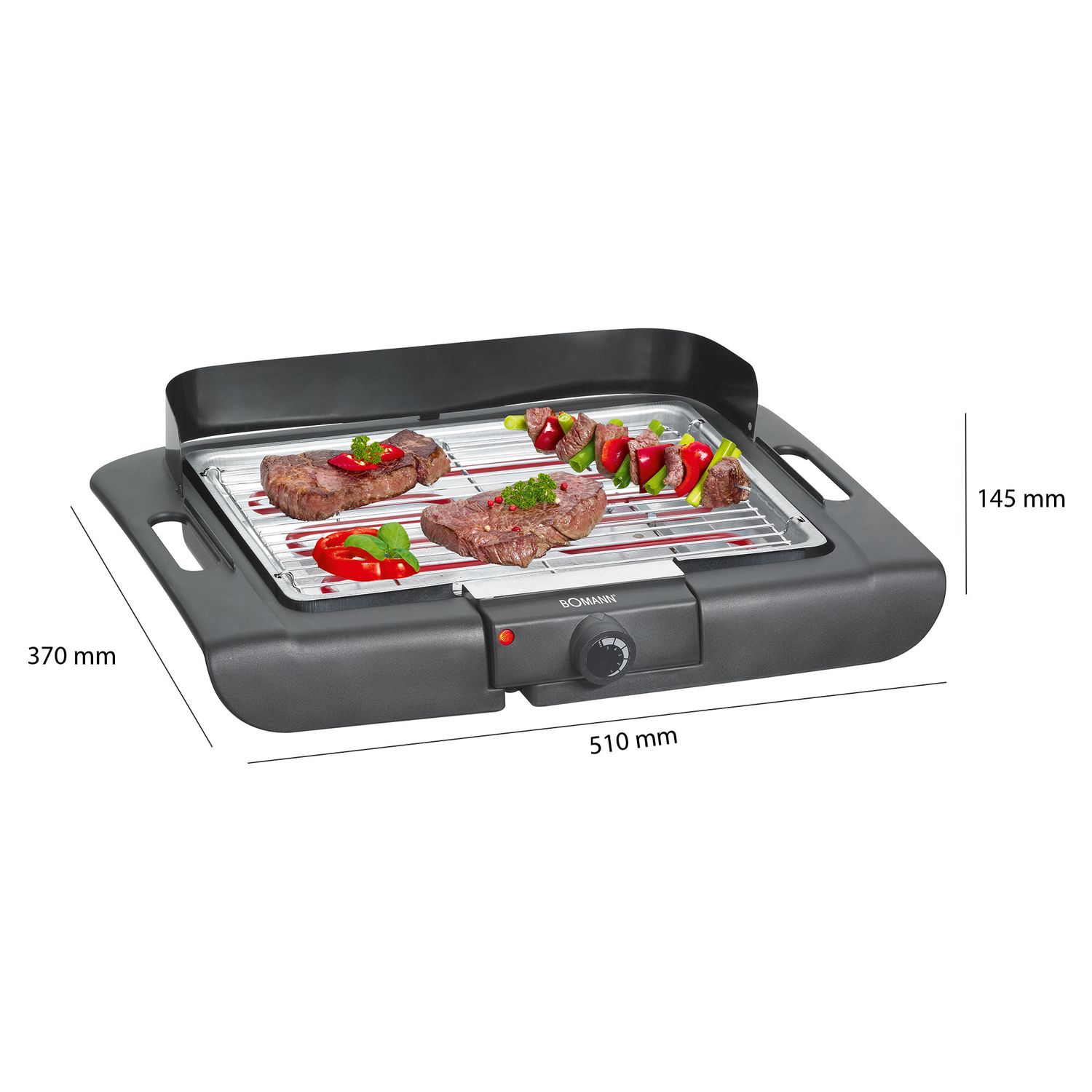 Elektrogrill, verchromter Grillrost 36 x 25 cm, Thermostat, winddichte Front, Fettauffangschale, Schwarz, 2000 W Bomann Bq 2243 Cb