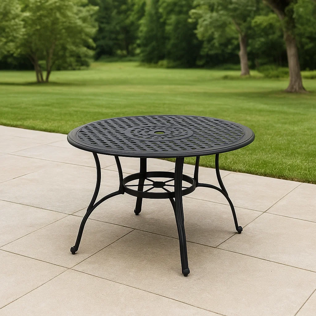 Table de jardin en aluminium noir, diamètre 119 cm x hauteur 73 cm