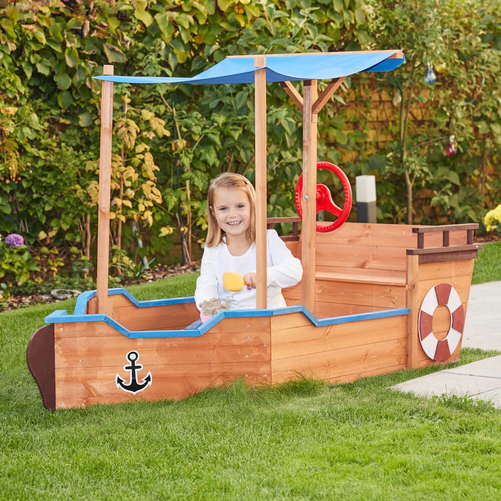 Kinder-Holzboot-Sandkasten Home Deluxe Matschekiste 78 x 160 x 103 cm - Natur / Blau