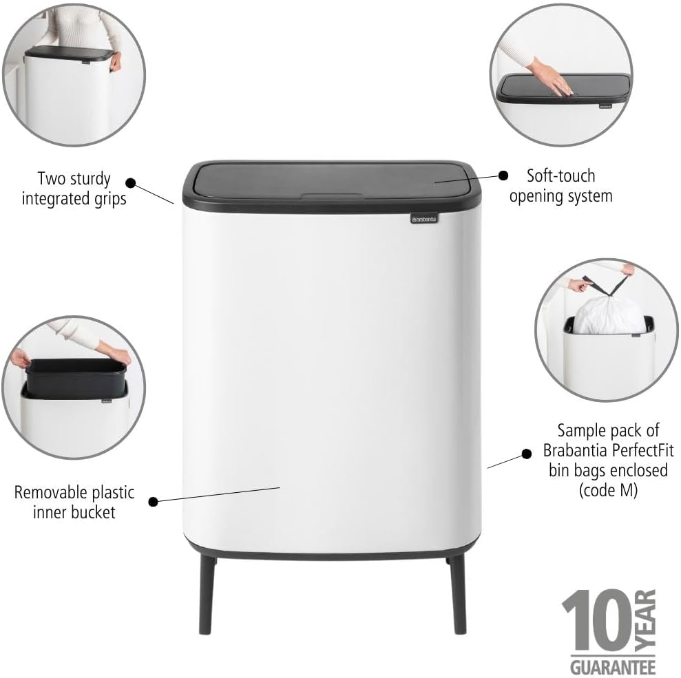 Brabantia Bo Hi Touch Ein-Knopf-Öffnungsmechanismus, 2 x 30-Liter-Abfalleimer mit Füßen, weiß