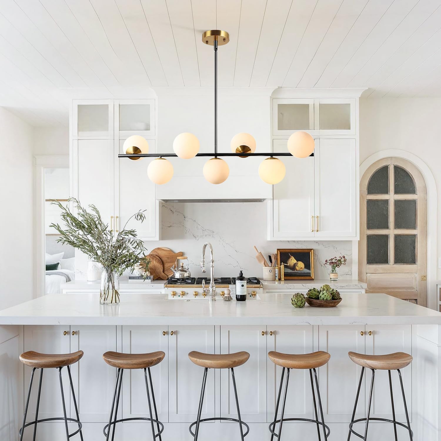 Moderne Esszimmerleuchte von KCO Lighting aus goldfarbenem Metall, Kücheninsel-Pendelleuchte aus weißem Glas, 7-flammig, E27, 80 cm höhenverstellbar