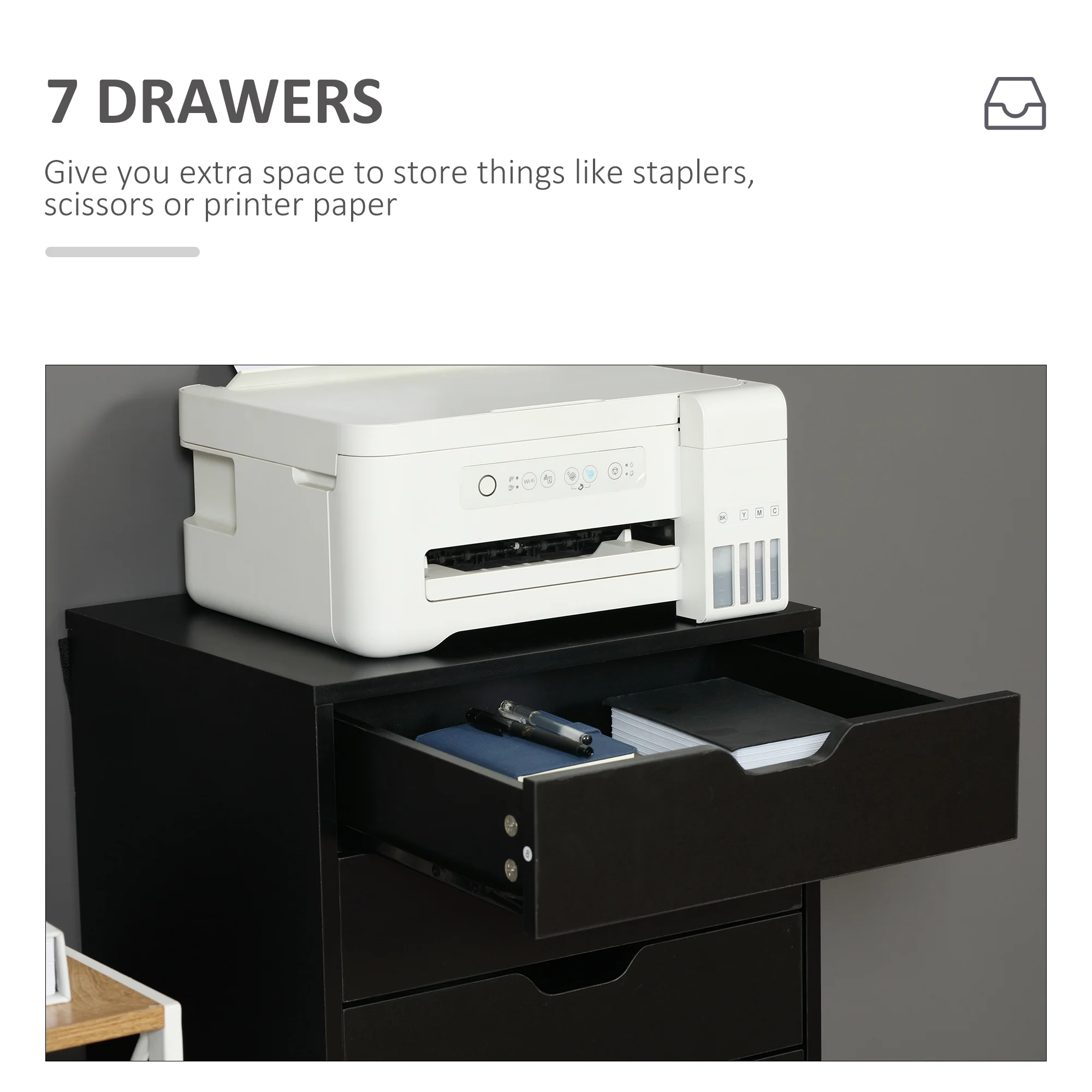 Vertikaler Aktenschrank mit 7 Schubladen. Mobiles Büromöbel mit Rollen. Schwarz.