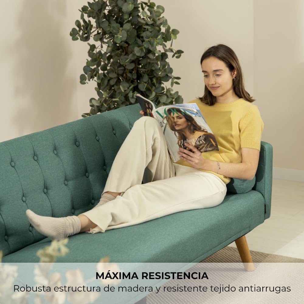 Nalui – 3-Sitzer-Schlafsofa, gepolstert, 203 x 82 x 78 cm, One Dots, mit 2 Kissen und Klick-Klack-Öffnungsmechanismus mit mehreren Liegepositionen. Chaiselongue-Schlafsofa mit Holzbeinen, umwandelbar in ein Doppelbett | Beige