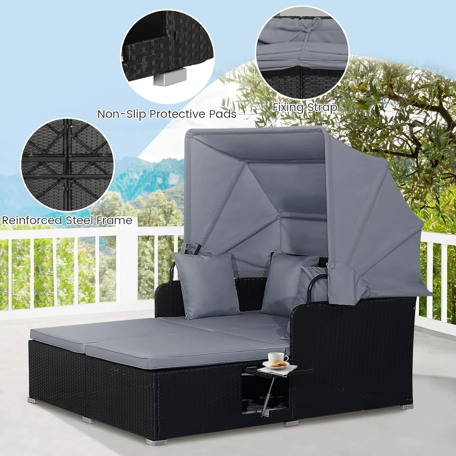 RELAX4LIFE udendørs haveseng med baldakin. Vævet harpiks liggestol med hynder. 4 puder og 2 udtrækkelige sidebakker. Loungeseng til 2 personer til pool, veranda, have. Rattan udendørs seng (turkis)