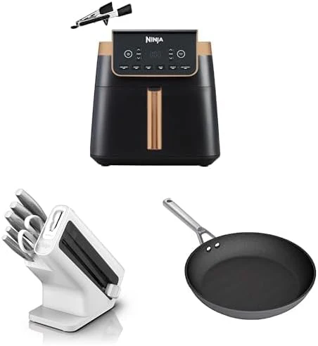 2025 Ninja MAX PRO Airfryer. 6,2 L Sort/Kobber. AF180EUCP + Ninja StaySharp Knivsæt Hvid. K62006EUWH + Ninja Foodi ZEROSTICK 28 cm Stegepande. Grå. C30028EU