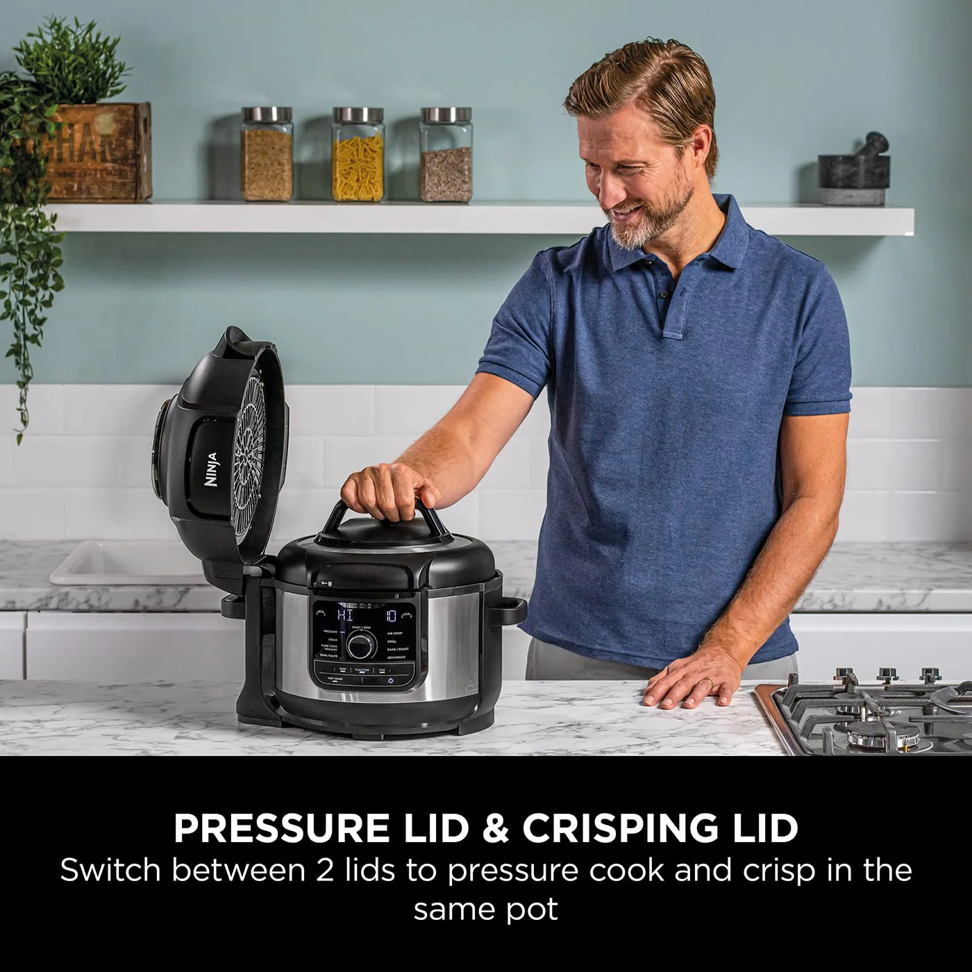 Ninja Multikocher Foodi OP350UK (2025). 9-in-1-Funktion. 6-Liter-Schnellkochtopf und Heißluftfritteuse. Gebürsteter Stahl und Schwarz.