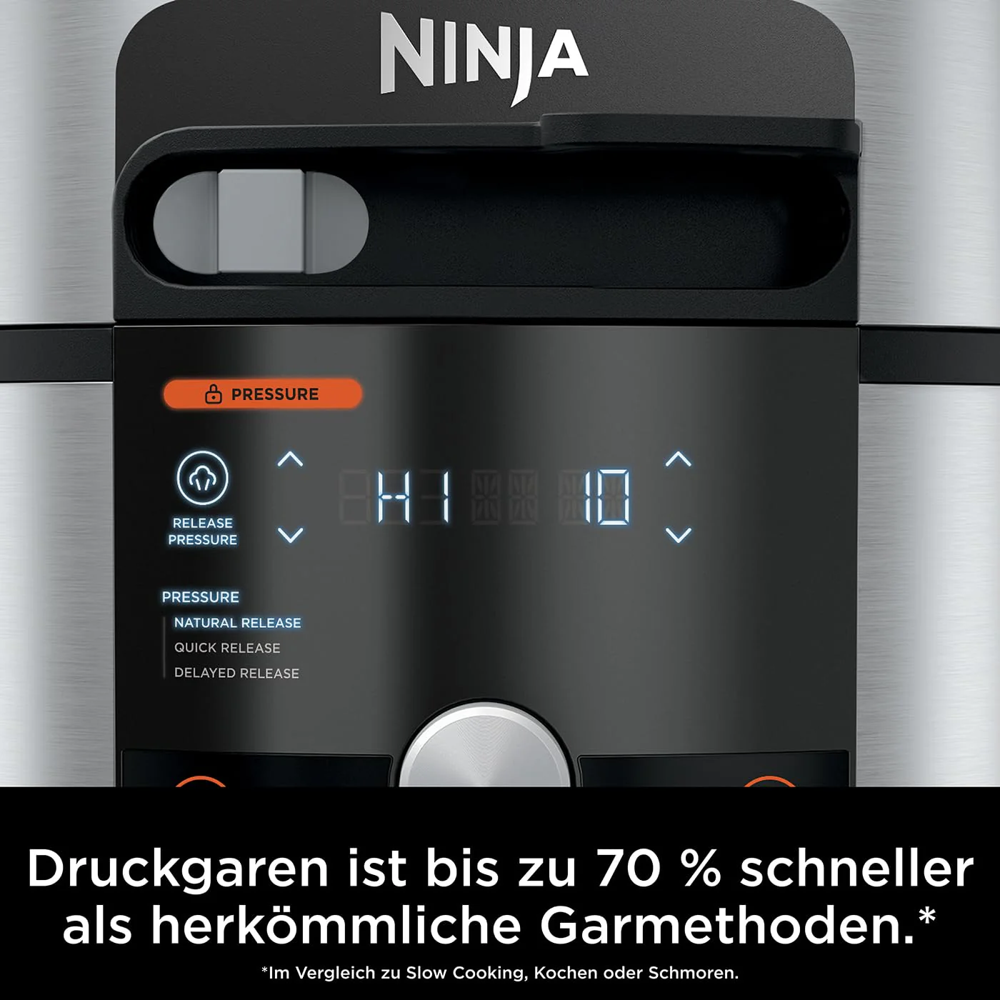 2025 Ninja Foodi MAX multifunktionskomfur med smart låg. 7,5 l. 14-i-1 multifunktionskomfur. Trykkoger. Airfryer. Slowcooker. Digital temperatursensor. Rustfrit stål. OL750EU