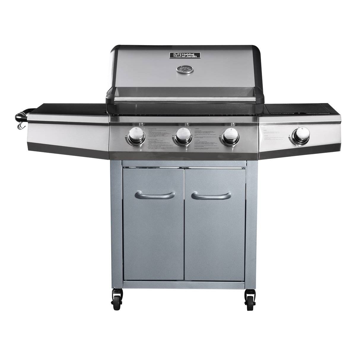 Gasgrill mit LED-Beleuchtung „Bingo 4“ – 4 Brenner (1 Seite) – 14 kW + Schutzabdeckung – Silber