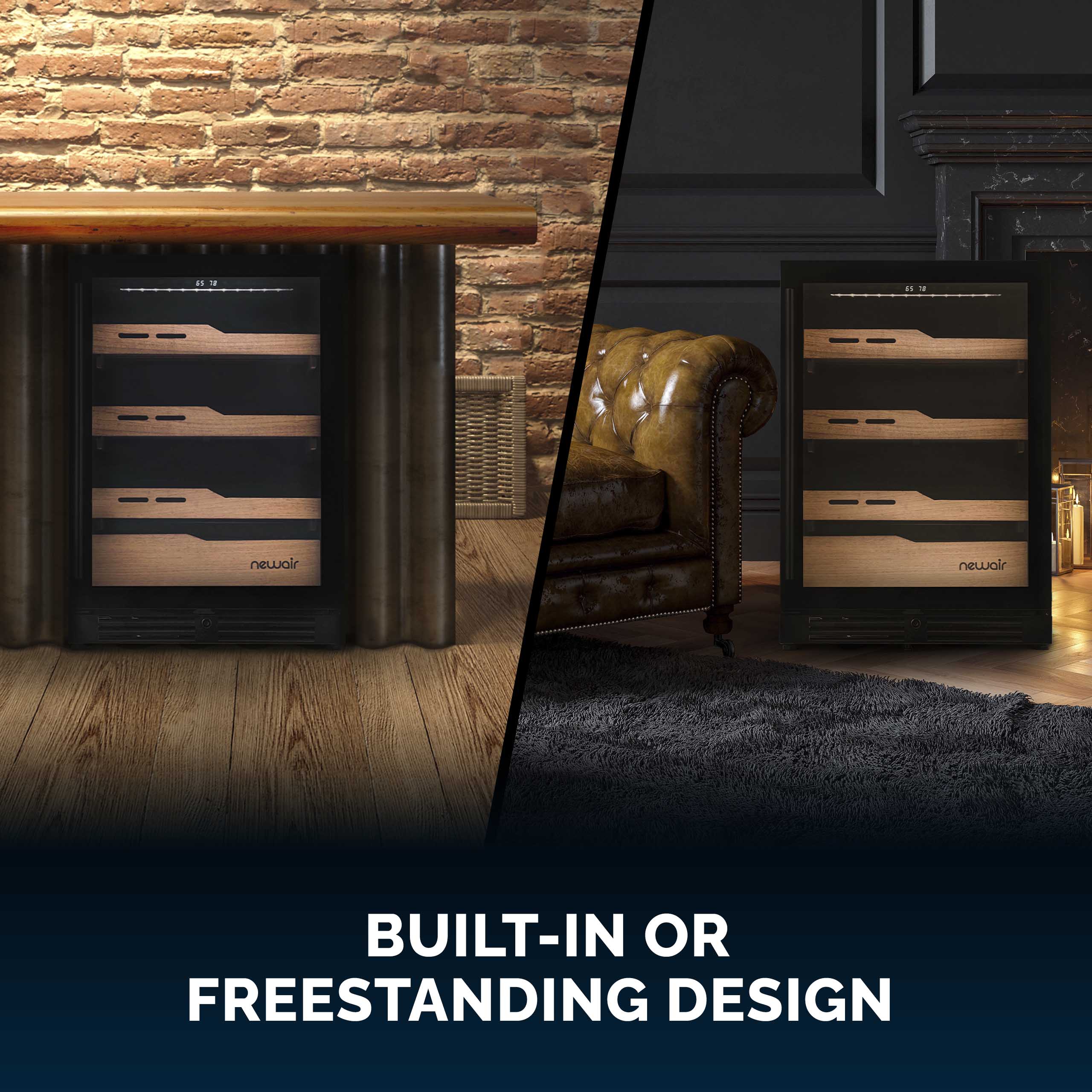 Cave à cigares électrique Newair® 2025. Capacité : 1 500 cigares. Encastrable ou sur pied.