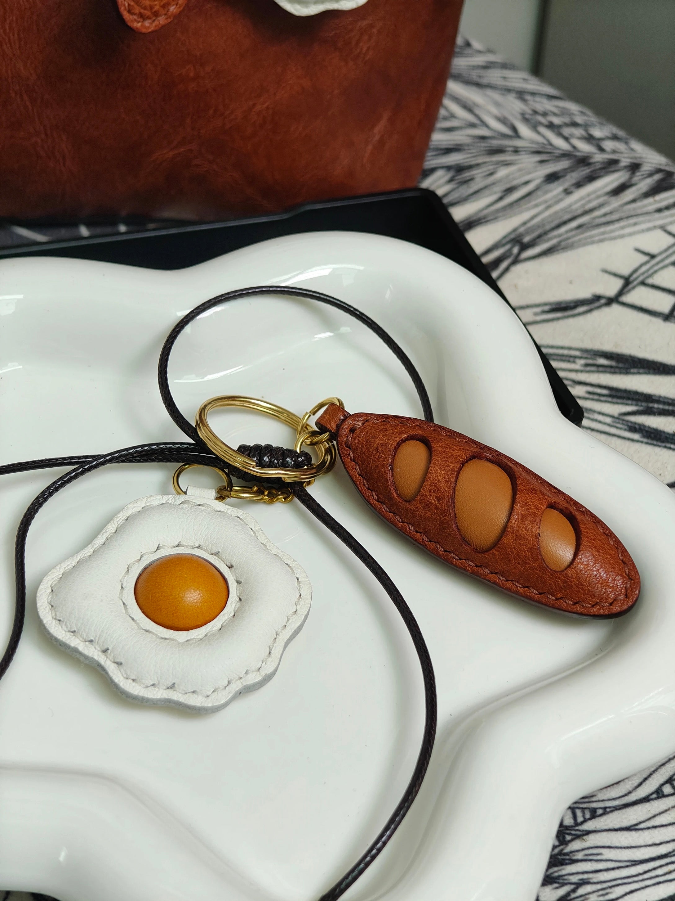 Egg and Bread Bag Charm - Handmade Full-Grain Leather