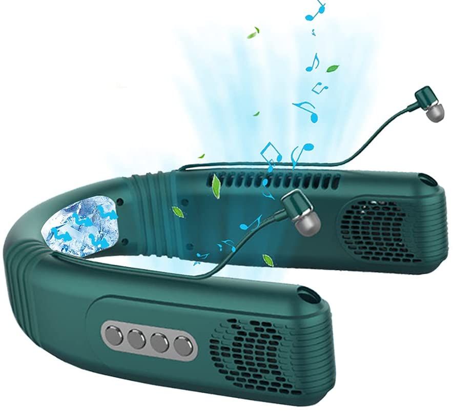 AQUYY Lydløs Halsventilator med Trådløse Bluetooth-Hovedtelefoner, USB Genopladelig, Bladløs, Mini Bærbar Halvlederkøler med 3 Hastigheder, Håndfri, Til Løb, Camping, Rejser – Grøn (til Kvinder og Mænd)