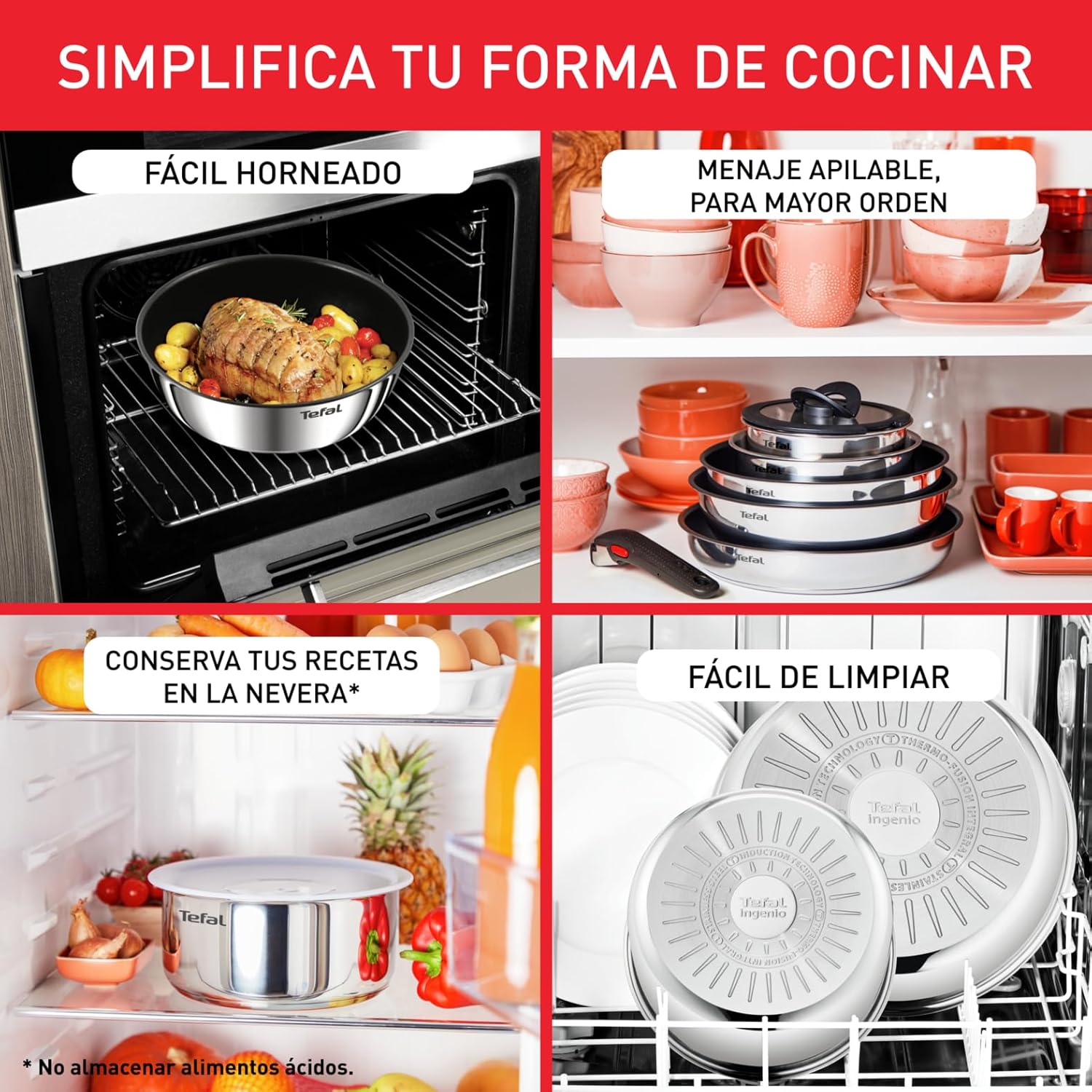 Tefal Ingenio Emotion Sæt med 3 stegepander 22/24/28 cm + 3 kasseroller 16/18/20 cm + gryderet 24 cm + wok 26 cm + 12 tilbehør | Induktionssikker, non-stick, tåler opvaskemaskine og ovn