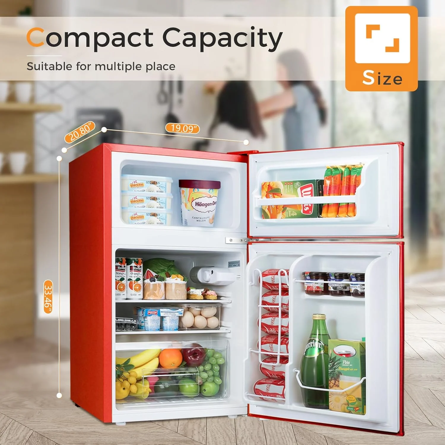 Kompaktkühlschrank Antarctic Star 2025 mit separatem Gefrierfach. Minikühlschrank mit Doppeltür. Verstellbare und herausnehmbare Ablagen. Retro-Design in Edelstahl. Für Wohnzimmer, Küche, Schlafzimmer oder Büro. 90 Liter Nutzinhalt. Farbe: Grün.