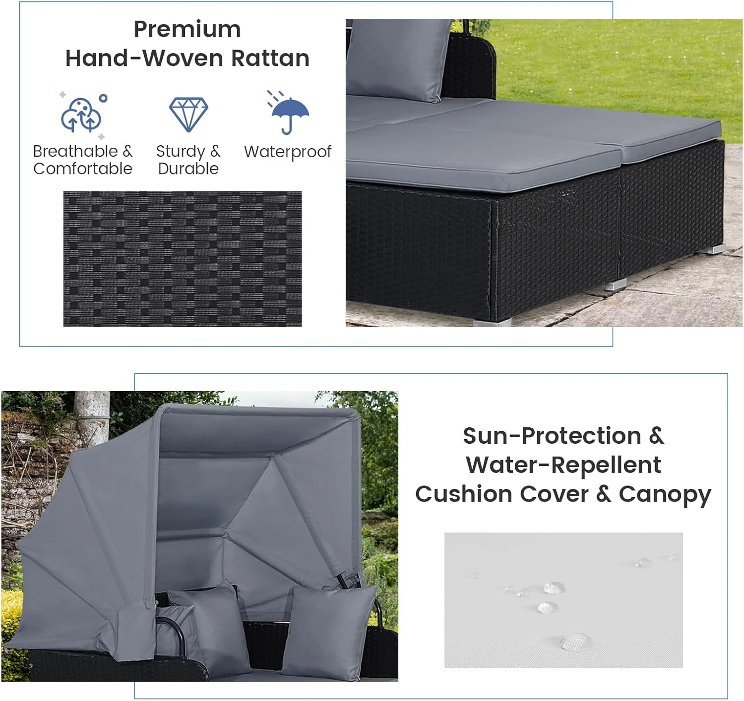 RELAX4LIFE udendørs haveseng med baldakin. Vævet harpiks liggestol med hynder. 4 puder og 2 udtrækkelige sidebakker. Loungeseng til 2 personer til pool, veranda, have. Rattan udendørs seng (turkis)