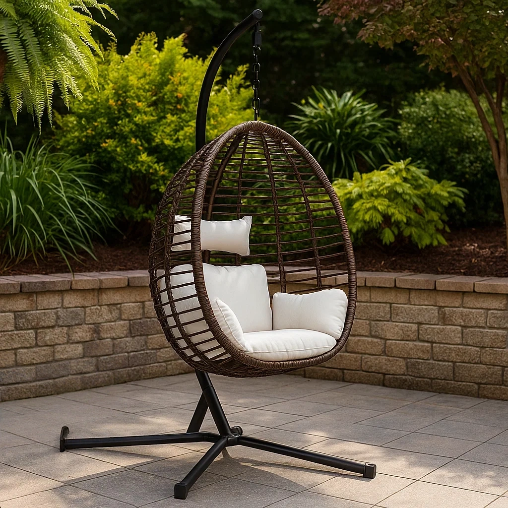 Fauteuil suspendu en rotin avec support en métal, marron, coussins blancs, pour l