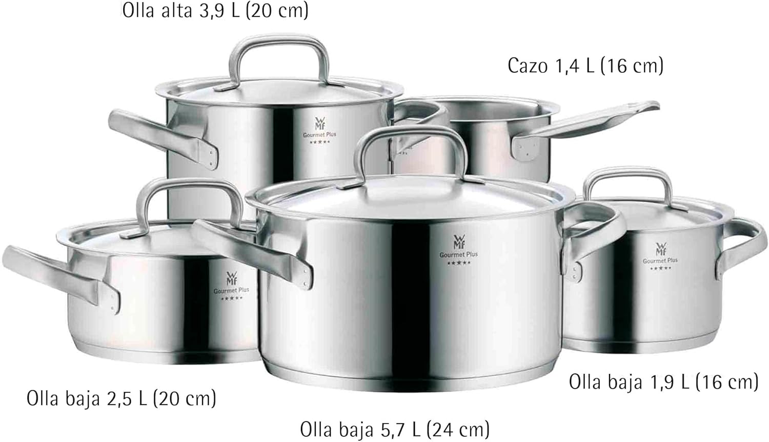 WMF Gourmet Plus - 5-teiliges Kochgeschirr-Set, Edelstahl, induktionsgeeignet, 1 flacher Bräter (20 cm), 3 hohe Bräter (16 cm, 20 cm und 24 cm), 1 Stielkasserolle (16 cm) mit 4 Edelstahldeckeln